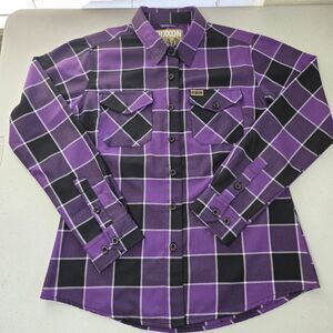 Dixxon Flannel Womens Medium M Shirt Button Down Purple Black Plaid Top D-Tech
